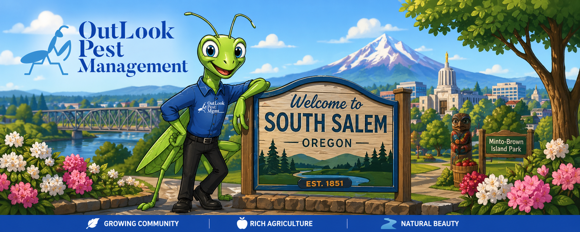 Welcome to South Salem, Oregon — OutLook Pest Management proudly provides local pest control for ants, spiders, rodents, wasps and more with no contracts ever. Cartoon landing page banner for OutLook Pest Management featuring Manny the Mantis in a blue uniform shirt with OutLook Pest Management logo and black pants standing beside a “Welcome to South Salem, Oregon” sign, with South Salem landmarks including Minto-Brown Island Park, river bridge, Mt. Hood in the distance, flowering landscapes, and Salem city elements. Fun family-friendly pest control banner representing local residential and commercial pest services in South Salem, Oregon.