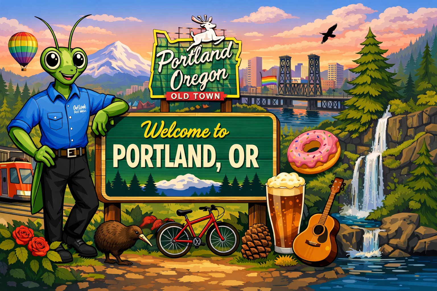 Manny the Mantis OutLook Pest Management Portland Oregon pest control services banner featuring ants spiders rodent control in Portland OR with Mount Hood skyline and local landmarks