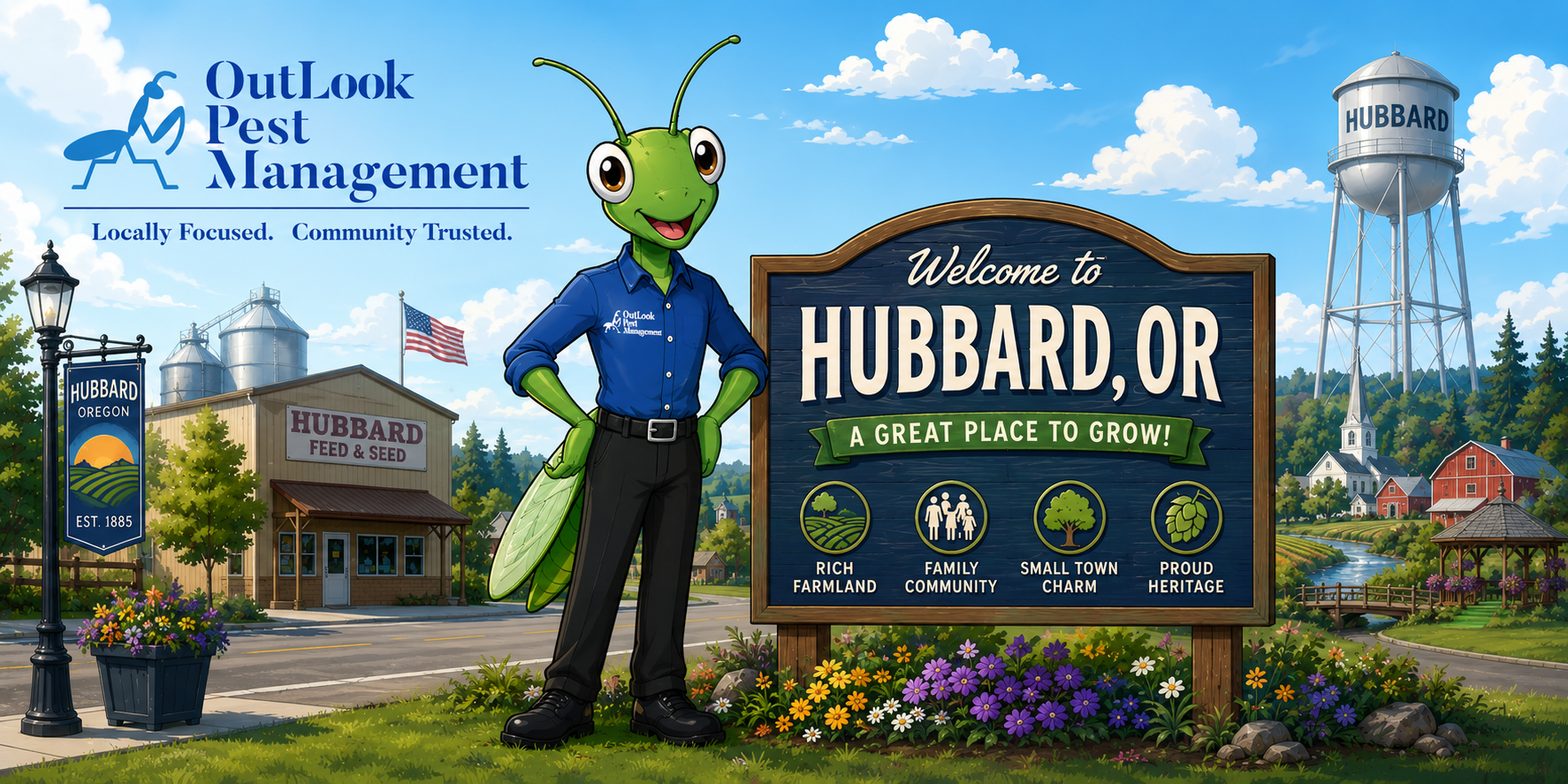 Cartoon Manny the Mantis from OutLook Pest Management standing beside a Welcome to Hubbard, Oregon sign with local farmland, water tower, feed store, and rural community landmarks in the background.