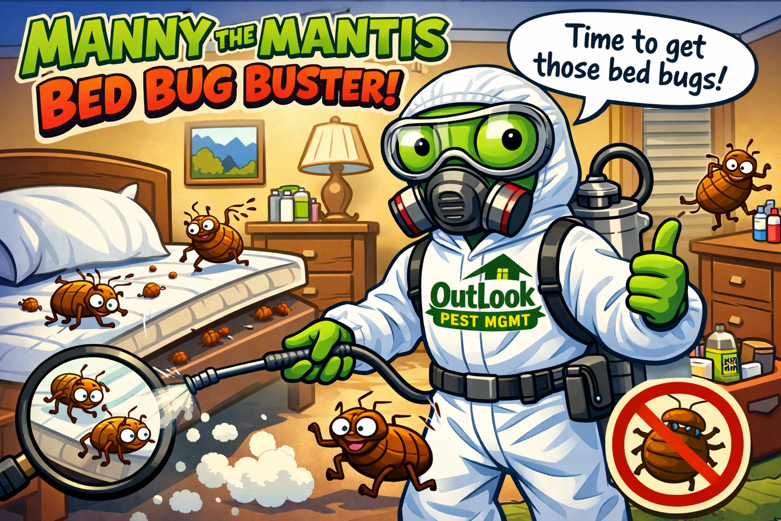 Cartoon Manny the Mantis wearing a white Tyvek pest control suit with the OutLook Pest Management logo treating bed bugs inside a bedroom using a spray wand while bed bugs are visible around a mattress and furniture.
