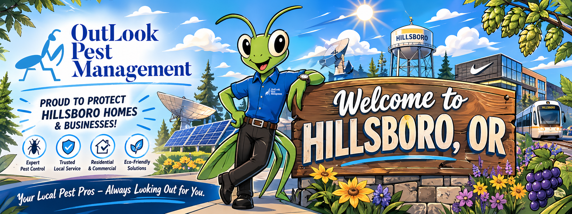 Welcome to Hillsboro, OR — Local Pest Control by OutLook Pest Management | Ant, Spider, Wasp & Rodent Specialists | No Contracts Ever Cartoon banner of Manny the Mantis from OutLook Pest Management standing beside a “Welcome to Hillsboro, OR” sign with Intel campus, Hillsboro water tower, MAX light rail, Oregon hop fields and local landmarks, promoting pest control services in Hillsboro Oregon for ants, spiders, wasps and rodent control.