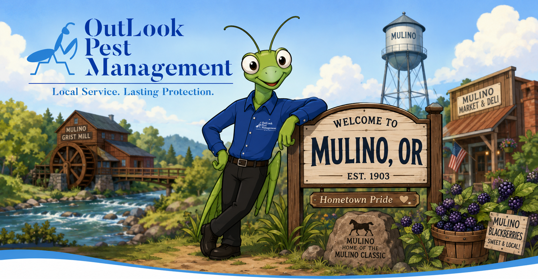 Cartoon banner featuring Manny the Mantis wearing an OutLook Pest Management uniform standing next to a Mulino, OR welcome sign with local Mulino landmarks, creek, mill, and rural scenery, representing local pest control services for homes and businesses in Mulino, Oregon, Beavercreek, Molalla, Oregon City, Canby, and surrounding Clackamas County communities.