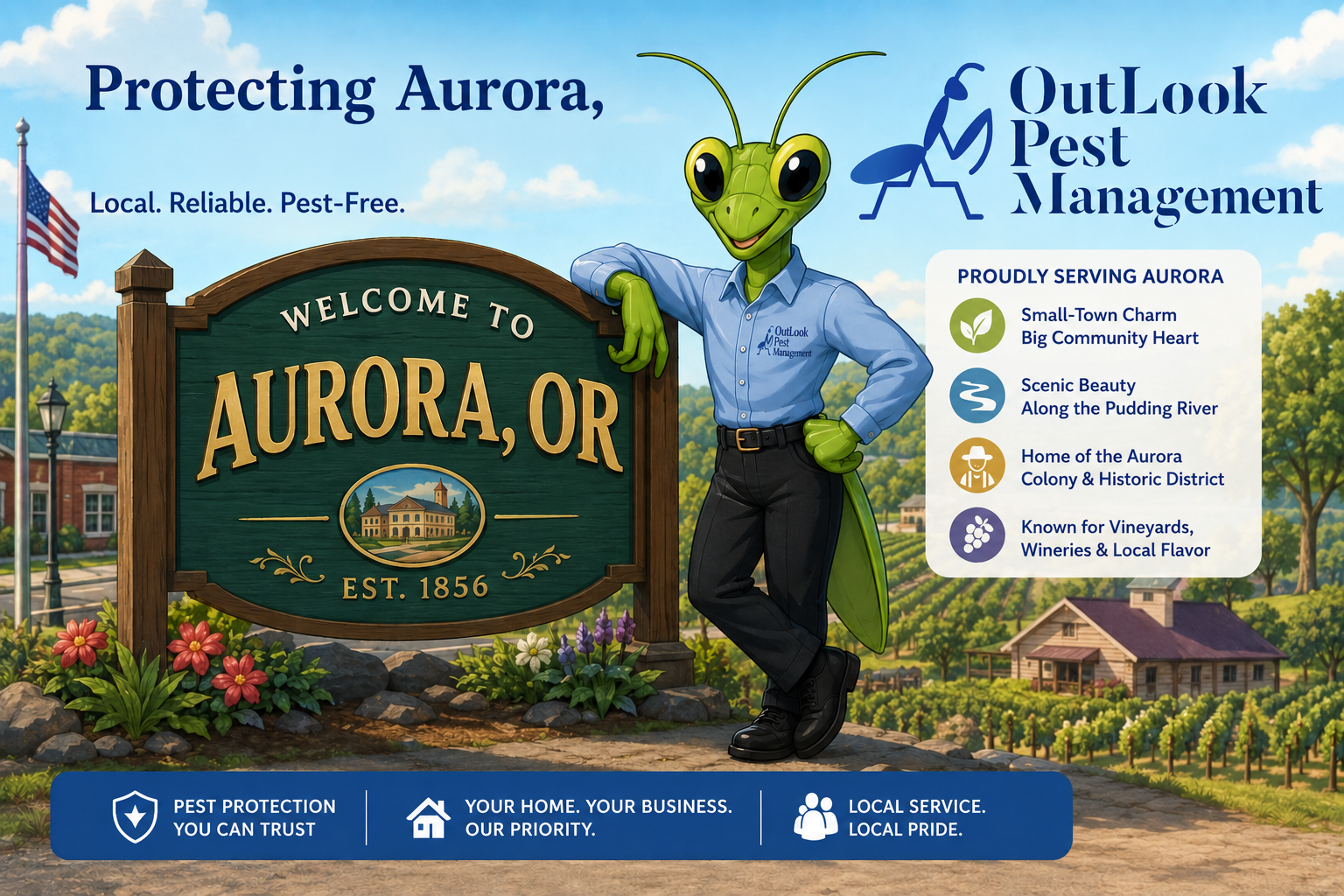 OutLook Pest Management proudly provides professional pest control services in Aurora, OR. Serving local homes, farms, vineyards, and businesses with expert ant, spider, rodent, and general pest control solutions. No contracts ever. Locally owned and operated with over 13 years of experience. Cartoon banner featuring Manny the Mantis, the mascot of OutLook Pest Management, standing beside the Welcome to Aurora, Oregon sign. Manny wears a blue button-up shirt with the OutLook Pest Management logo and black pants. The background showcases Aurora's historic charm, vineyards, wineries, rural countryside, and scenic landscapes. The banner highlights local pest control services for homes and businesses in Aurora, OR, including ant control, spider control, rodent control, and year-round pest management.