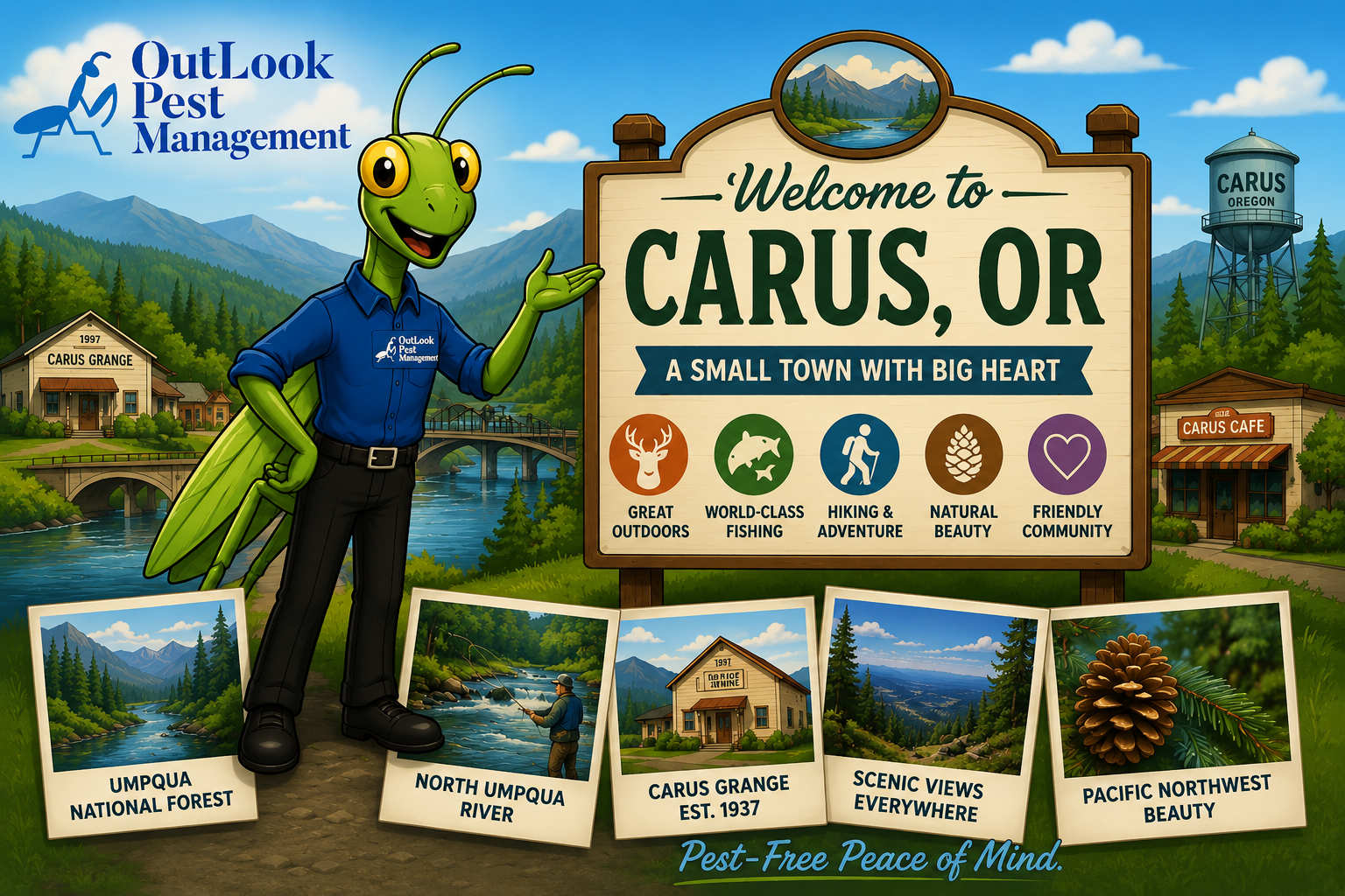Professional pest control services in Carus, OR by OutLook Pest Management. Local experts providing ant, spider, rodent, and wasp control with no contracts, free callbacks for maintenance customers, and over 13 years of experience serving Carus and surrounding Clackamas County communities. Cartoon Manny the Mantis beside Welcome to Carus, OR sign promoting local pest control and rural Oregon landmarks.