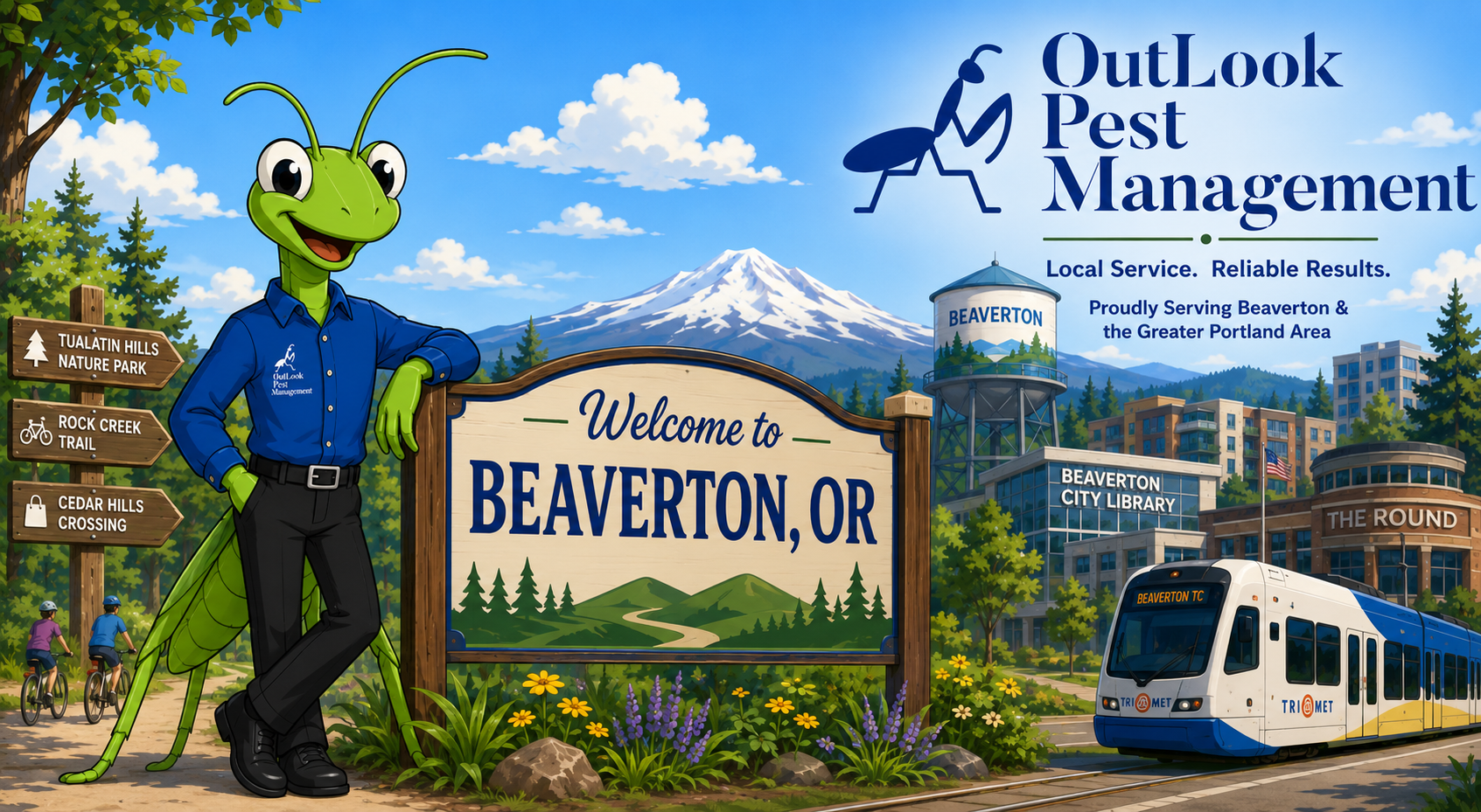 Local Beaverton pest control with no contracts ever. OutLook Pest Management protects homes and businesses from ants, spiders, rodents, wasps, and more. Cartoon Manny the Mantis beside a Welcome to Beaverton OR sign with local landmarks and OutLook Pest Management logo