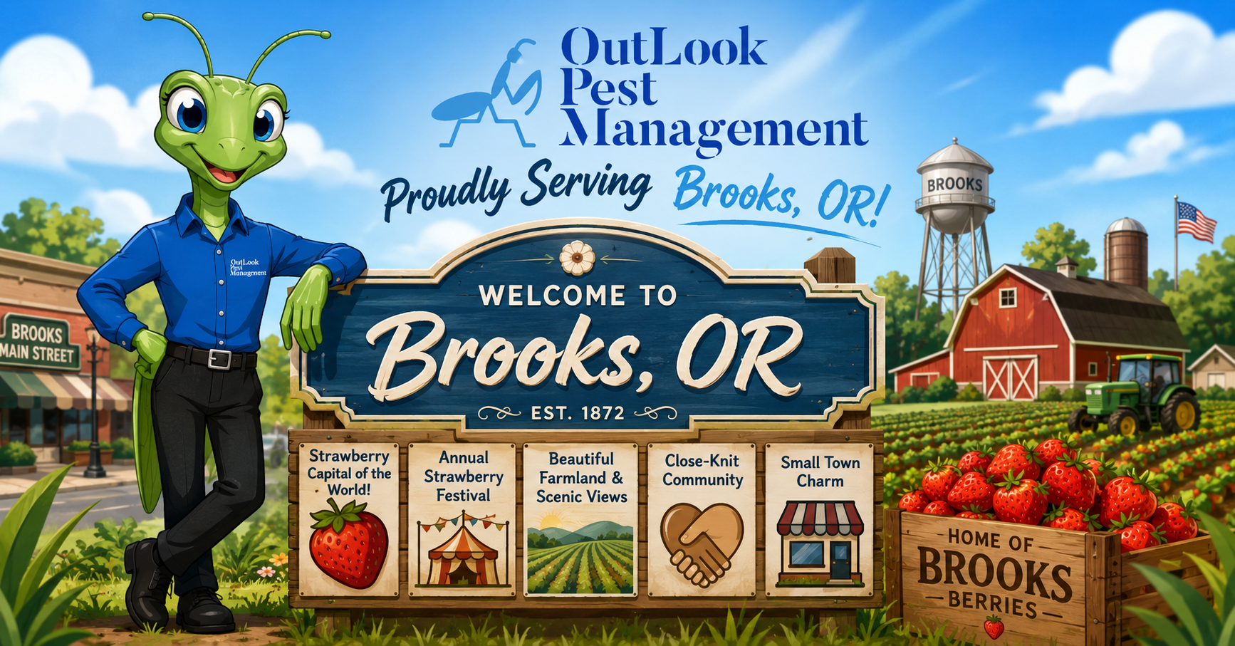 Cartoon pest control mascot Manny the Mantis wearing a blue OutLook Pest Management shirt and black pants standing beside the Welcome to Brooks, Oregon sign with strawberry fields, local farmland, red barn, water tower, and agricultural scenery in the background. OutLook Pest Management providing ant control, spider control, rodent control, wasp control, and residential pest control services in Brooks, OR and surrounding Marion County communities.