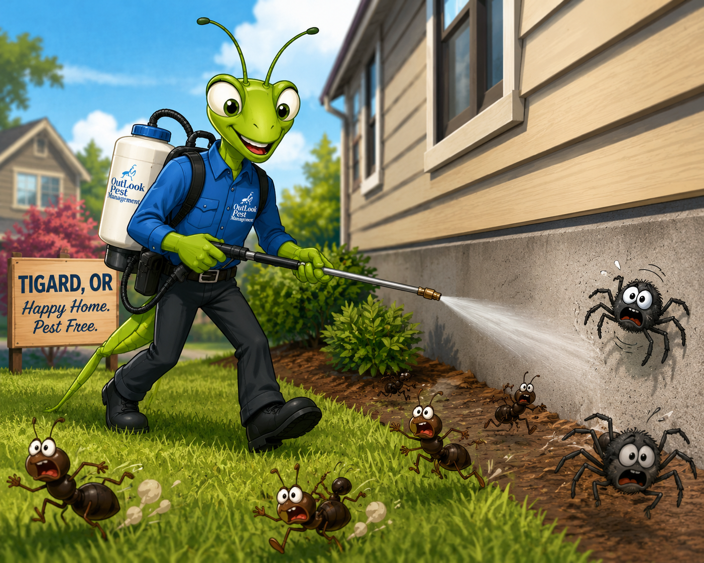 Professional ant, spider, and general pest control services in Tigard, OR. OutLook Pest Management provides safe, effective foundation treatments designed to eliminate ants, spiders, and other Oregon pests while helping prevent future infestations. OutLook Pest Management mascot Manny the Mantis wearing a blue company uniform and backpack sprayer performing professional ant and spider pest control treatment around a residential home foundation in Tigard, Oregon while ants and spiders flee from treatment
