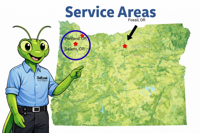 OutLook Pest Management Oregon service area map with Manny the Mantis. Oregon pest control service area map for OutLook Pest Management covering Portland Metro, Salem, Canby, Woodburn, Hillsboro, and surrounding Willamette Valley communities.
