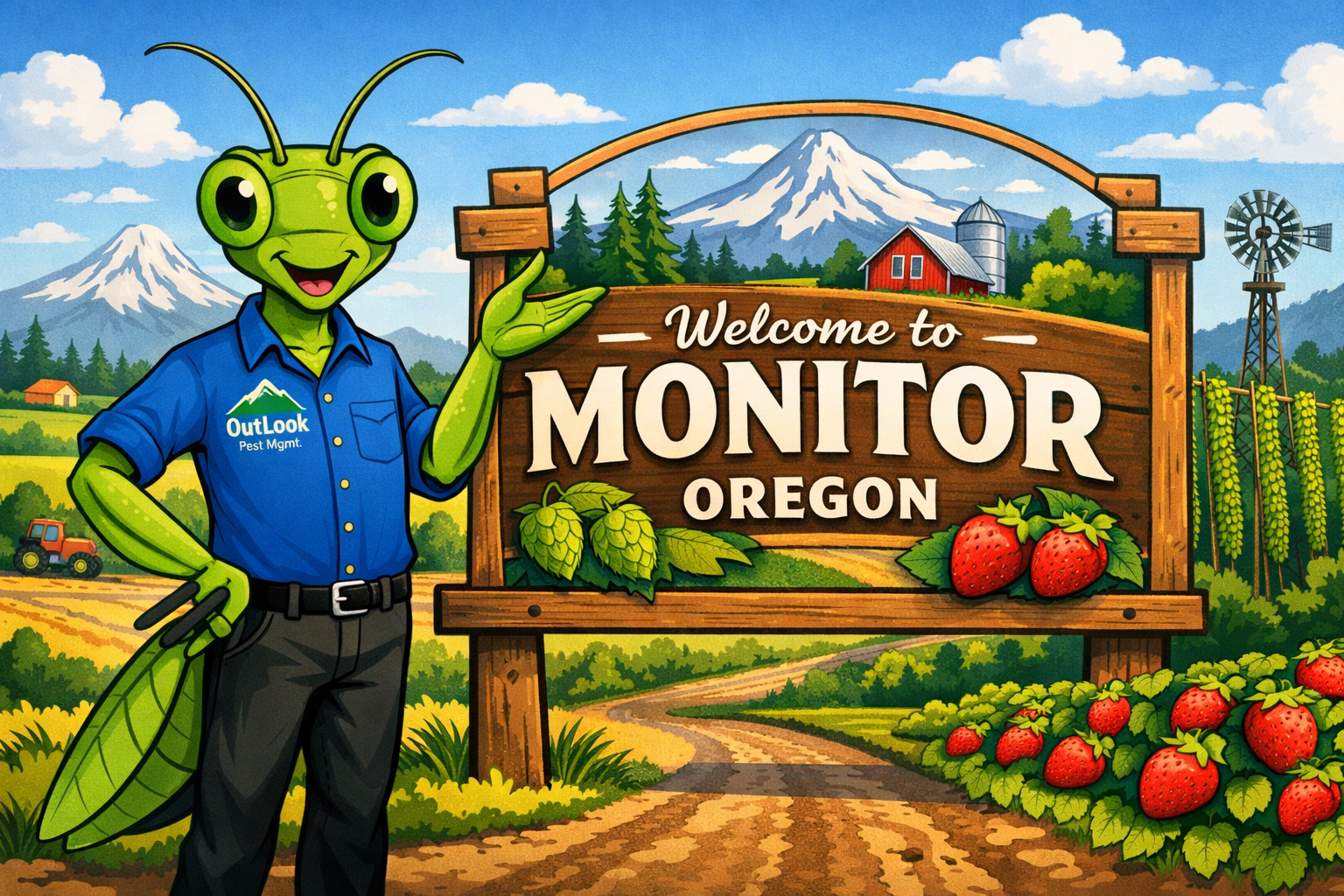 Cartoon Manny the Mantis mascot from OutLook Pest Management wearing a blue button-up shirt with company logo standing next to a Monitor Oregon welcome sign with Mount Hood, farmland, and strawberries in the background.