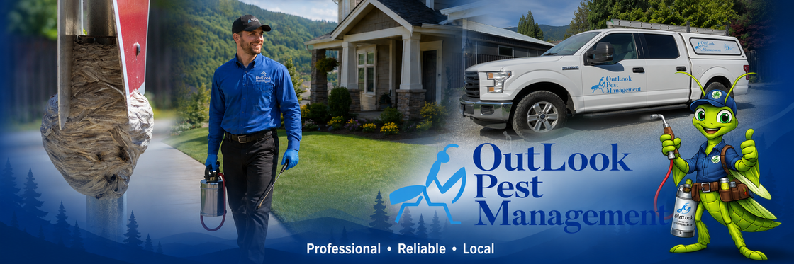 Professional residential and commercial pest control, rodent control, exclusion and stinging-insect services from OutLook Pest Management OutLook Pest Management technician, service truck, wasp nest and Manny the Mantis representing local Oregon pest control services