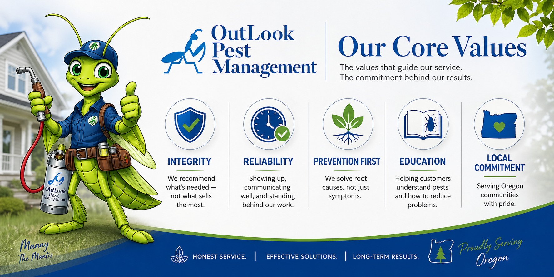 Professional OutLook Pest Management About Us banner showing Manny the Mantis mascot with the company’s core values including integrity, reliable pest service, prevention-focused treatments, customer education, and commitment to Oregon communities.