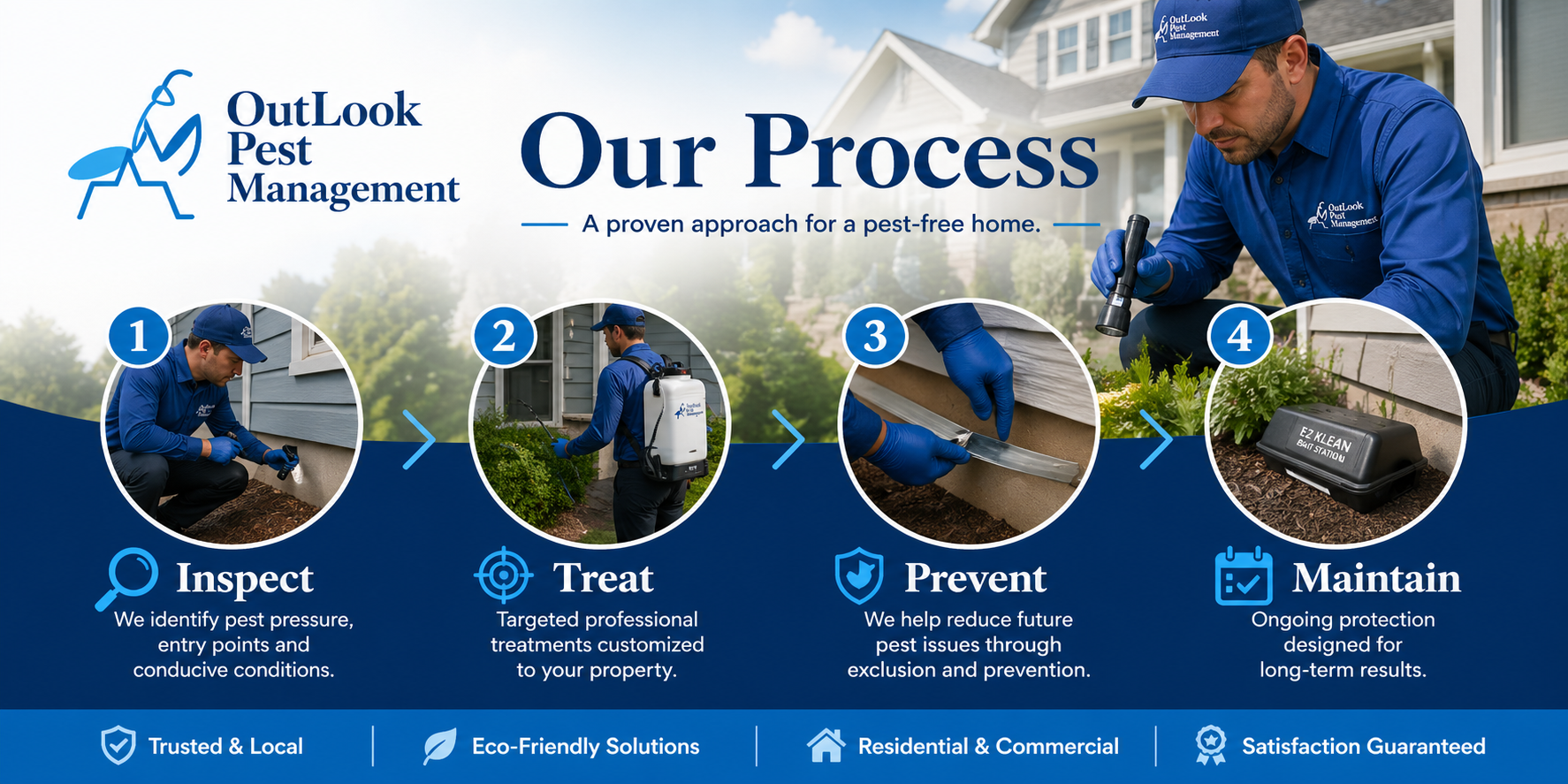 See how OutLook Pest Management protects your home with our proven 4-step processβInspect, Treat, Prevent, and Maintain. Get long-term pest protection without contractsβschedule your service today. OutLook Pest Management pest control process banner showing inspection, treatment, prevention and maintenance services for residential and commercial pest control in Oregon.