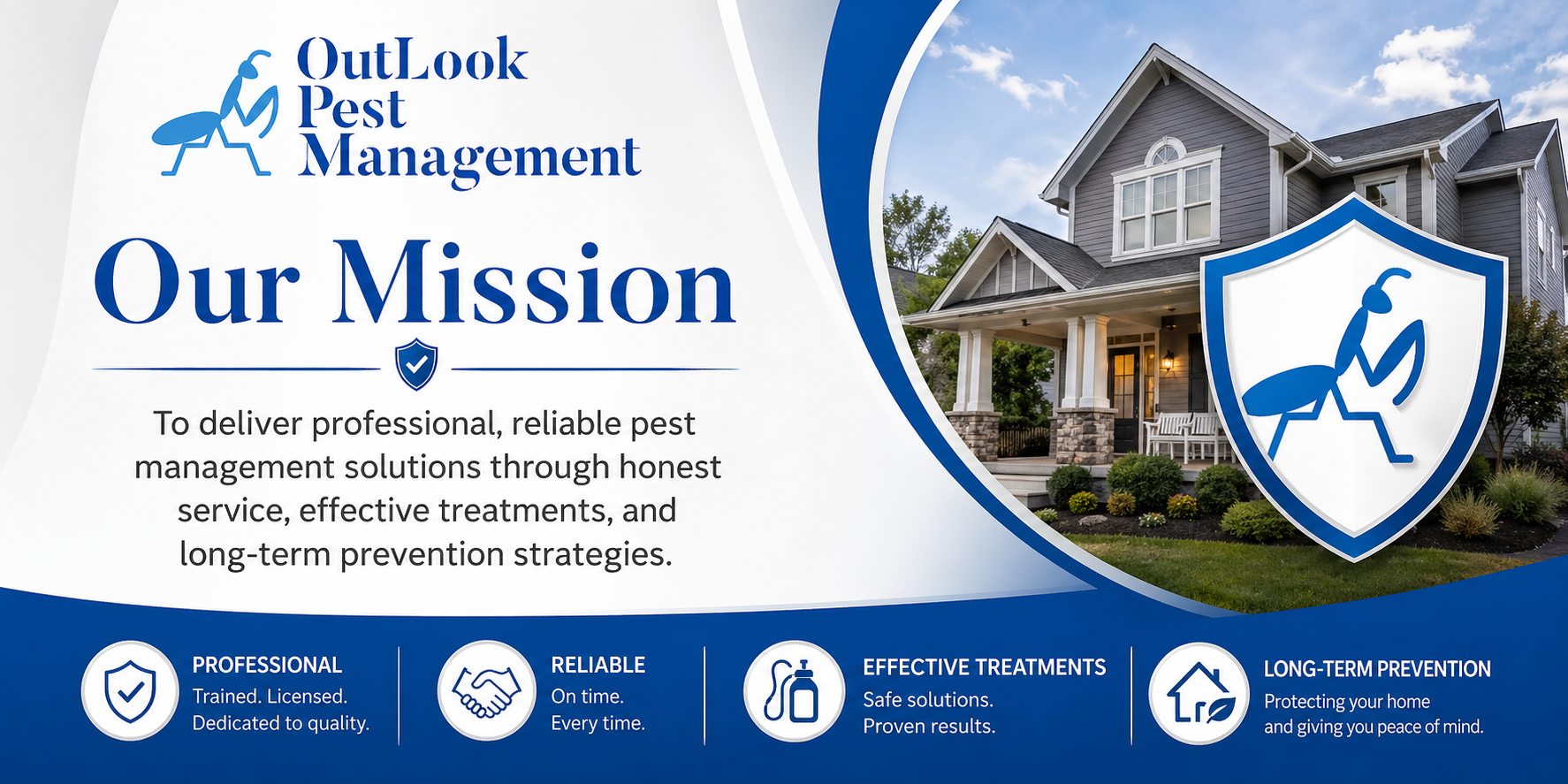 Professional OutLook Pest Management website banner displaying the company mission statement, official logo, residential home protection shield, and trust icons highlighting reliable pest control, preventative solutions, and local Oregon extermination services.