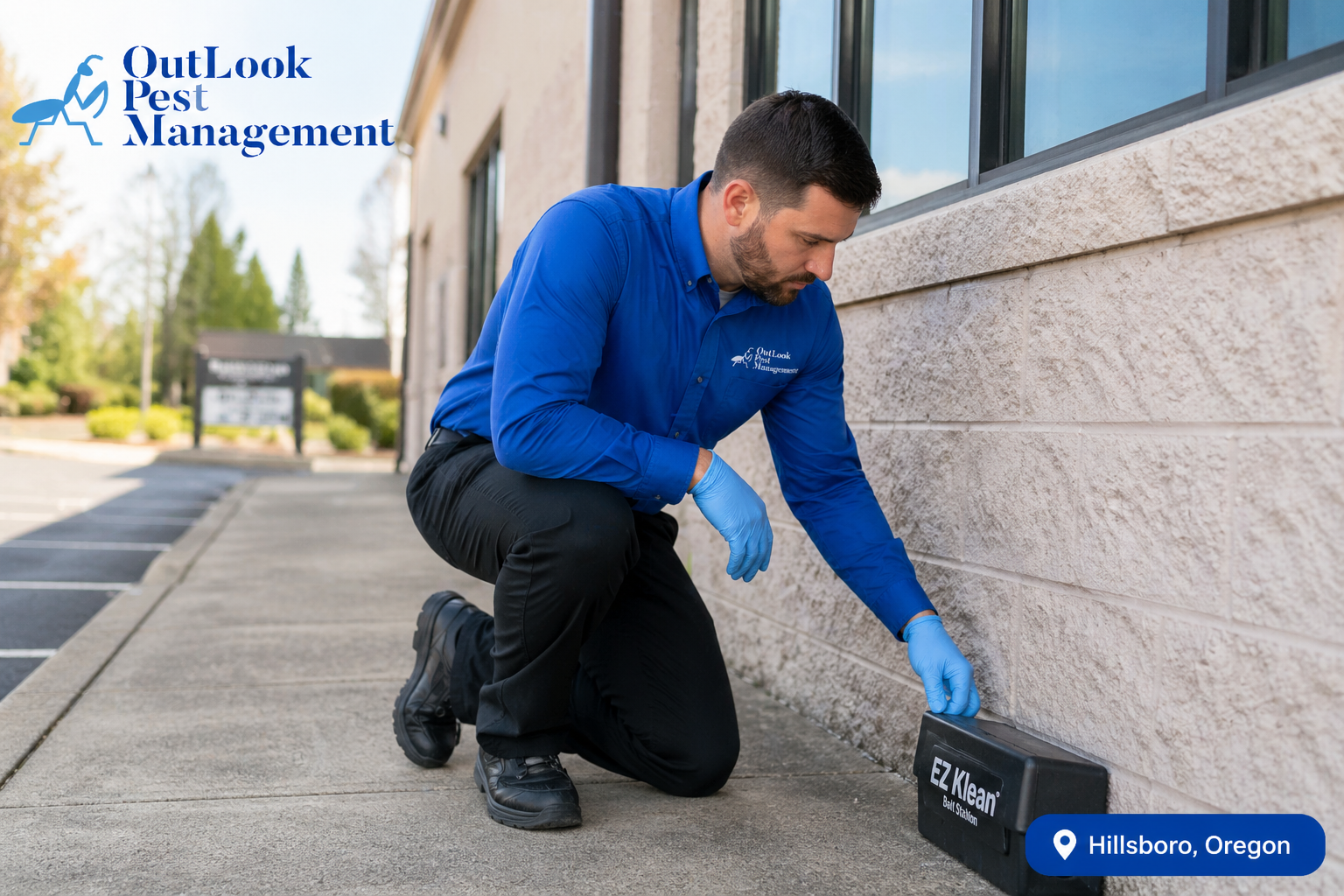 OutLook Pest Management technician servicing an EZ Klean bait station at a Hillsboro commercial property for professional rodent control and monitoring. Professional OutLook Pest Management technician in a blue uniform shirt and black pants inspecting an EZ Klean rodent bait station beside a commercial building in Hillsboro, Oregon. Technician is kneeling along the exterior foundation performing rodent monitoring service, with OutLook Pest Management logo visible and business park setting in the background.