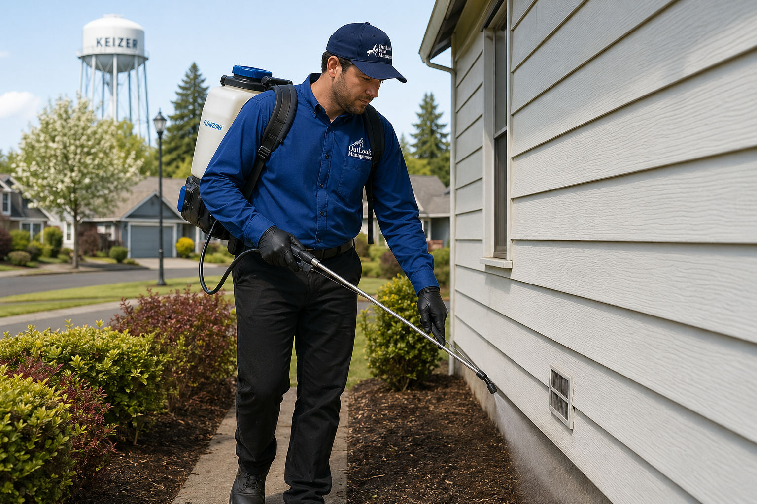 OutLook Pest management offers pest control services to Keizer, Salem, Gervais, Brooks and surrounding towns. Outlook Pest management Technician spraying a house in Keizer, Oregon for Ants and iother general pests
