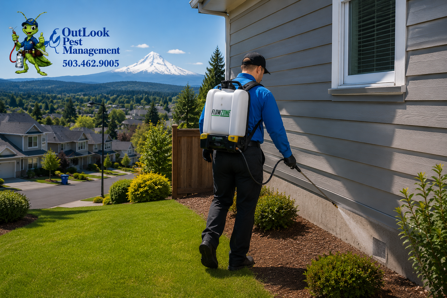 Protect your Beaverton home or business from ants, spiders, rodents, and other common Oregon pests. OutLook Pest Management offers customized treatments, free estimates, and no contracts ever. Call 503-462-9005 today. Pest control technician spraying a home foundation in Beaverton, OR using a FlowZone backpack sprayer for ant and spider prevention with Mount Hood visible in the distance