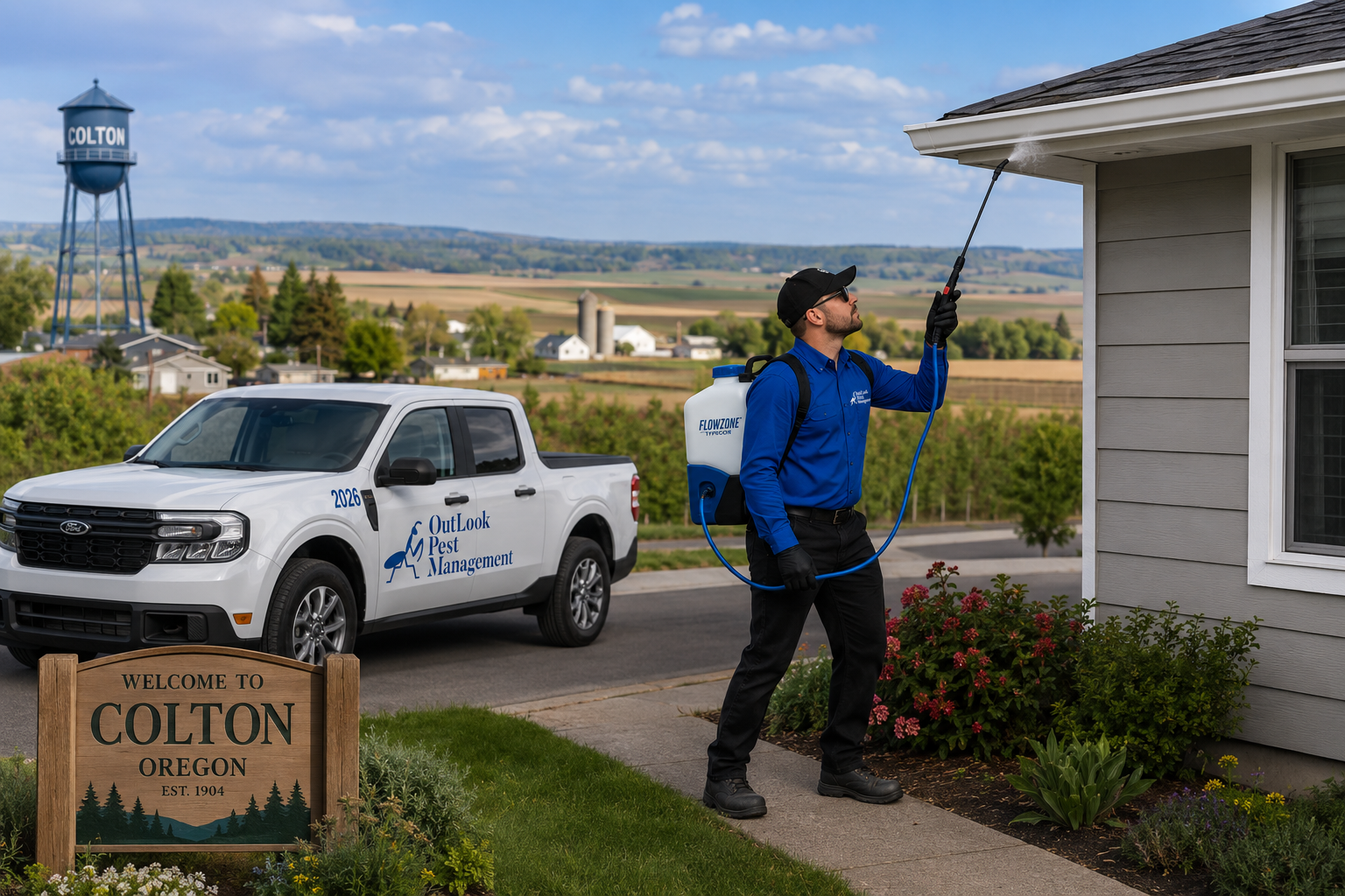 OutLook Pest Management technician performs exterior pest control treatment on a residential home in Colton, Oregon. We offer services tailored to yuor home or business. Professional pest control technician treating the eaves of a Colton, Oregon home with a FlowZone backpack sprayer beside an OutLook Pest Management Ford Maverick, with rural farmland and scenic Clackamas County landscapes in the background.