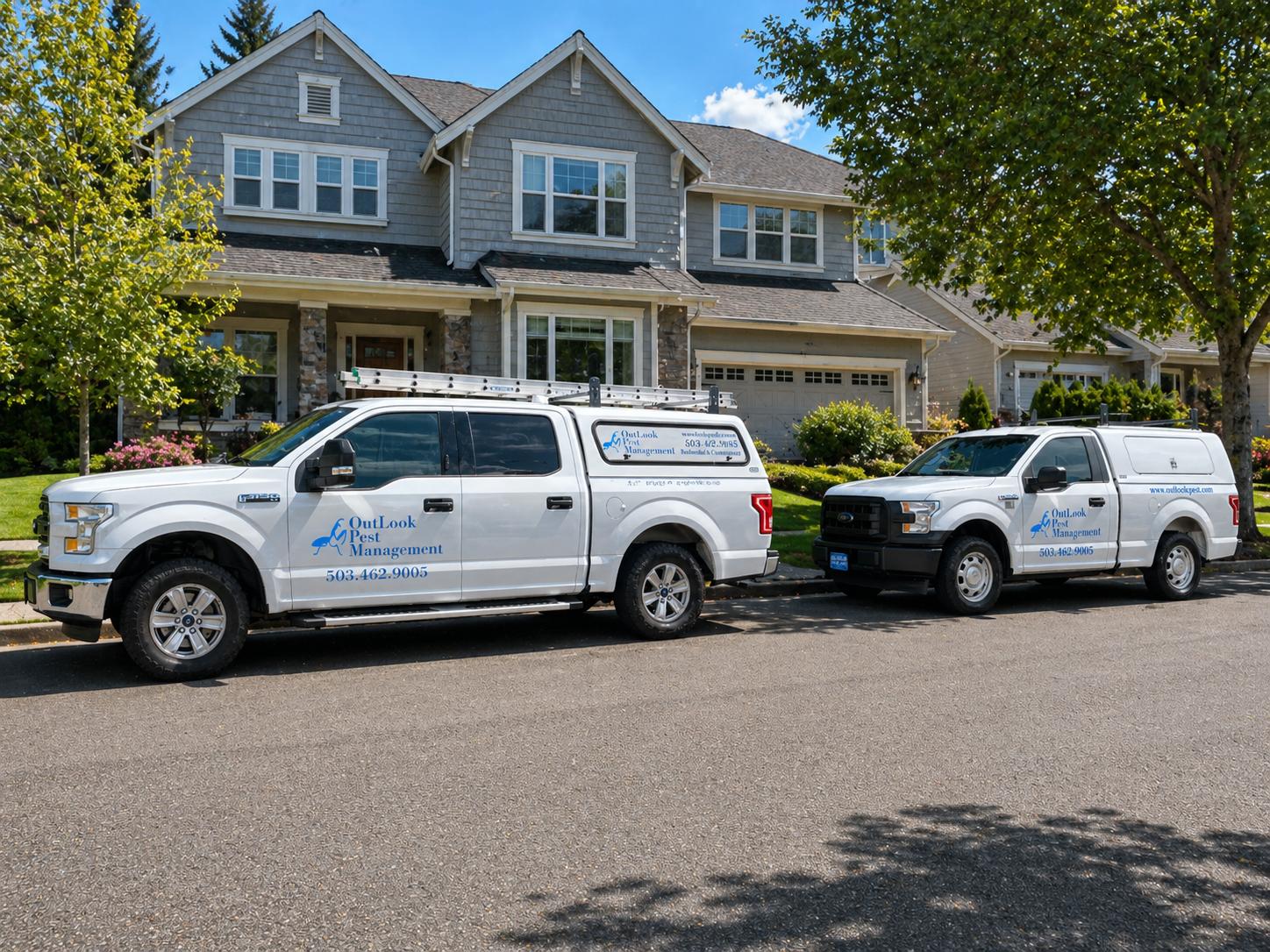 OutLook Pest Management service Vehickles outside of a Mulino neighborhood