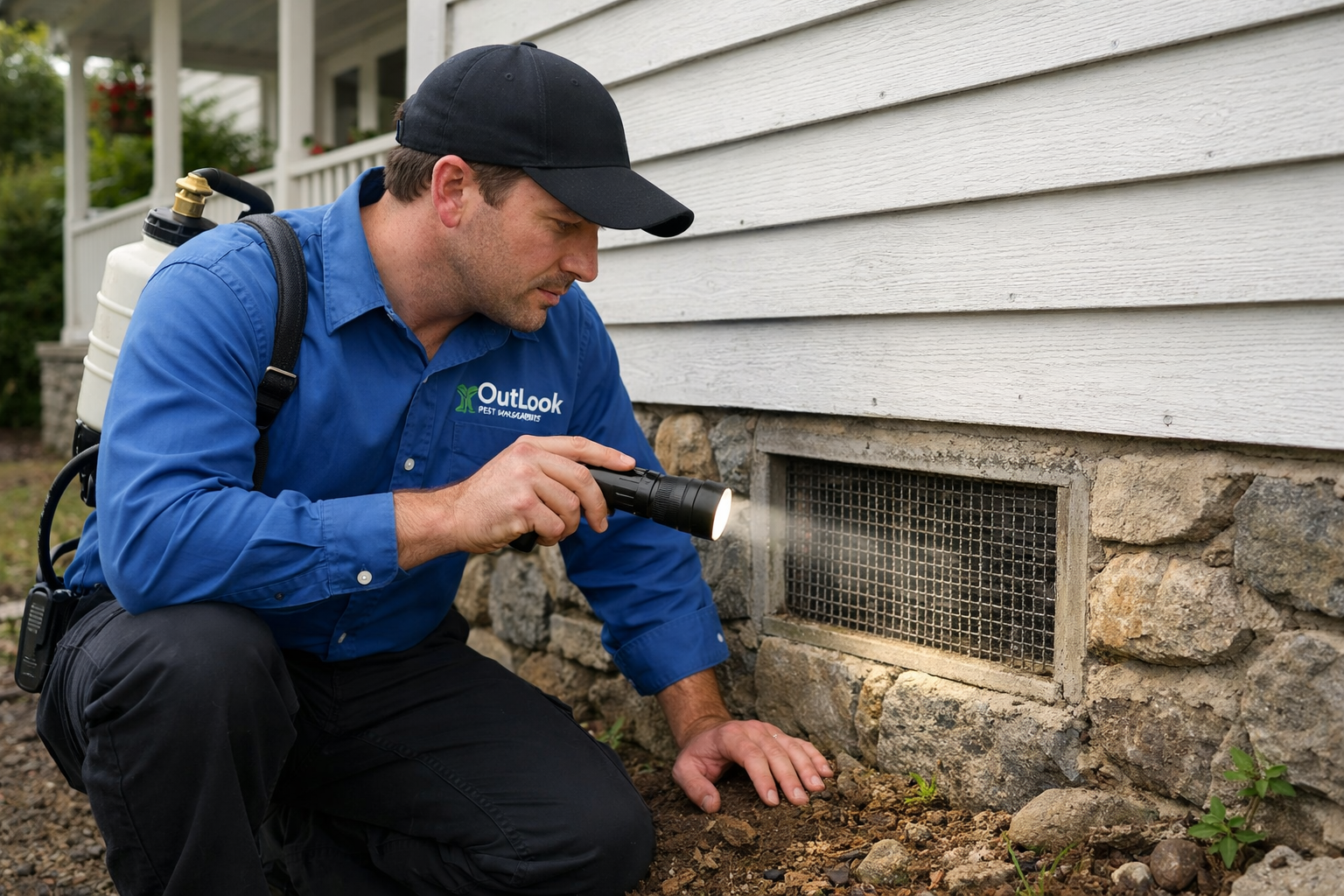 Pest control services in Canby, OR for homes and businesses Pest control technician inspectinga home foundation vent screen in Canby, OR for any intrusion or compromise.