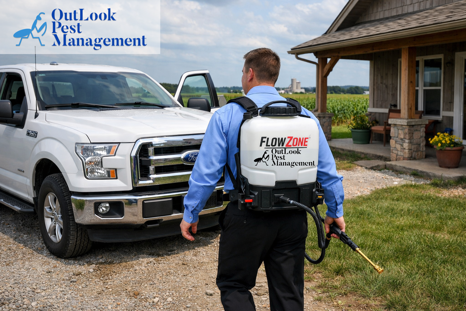 Pest control technician with a backpack sprayer walking towards truck
