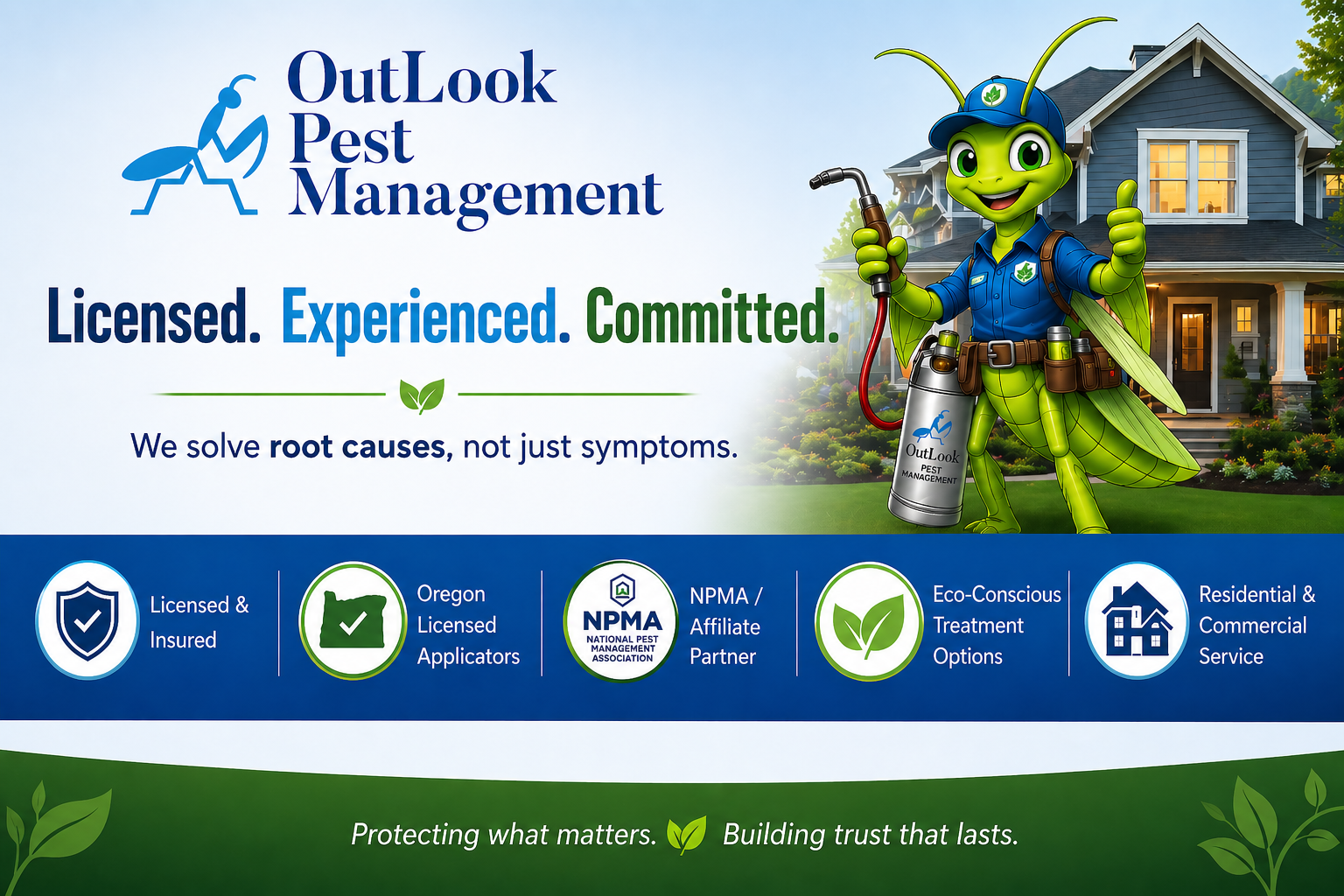 Professional OutLook Pest Management banner showing Manny the Mantis, official logo, “Licensed. Experienced. Committed.” slogan, root-cause pest solutions, Oregon licensed applicators, eco-friendly pest treatments, NPMA affiliation, and residential and commercial pest management services in Oregon.