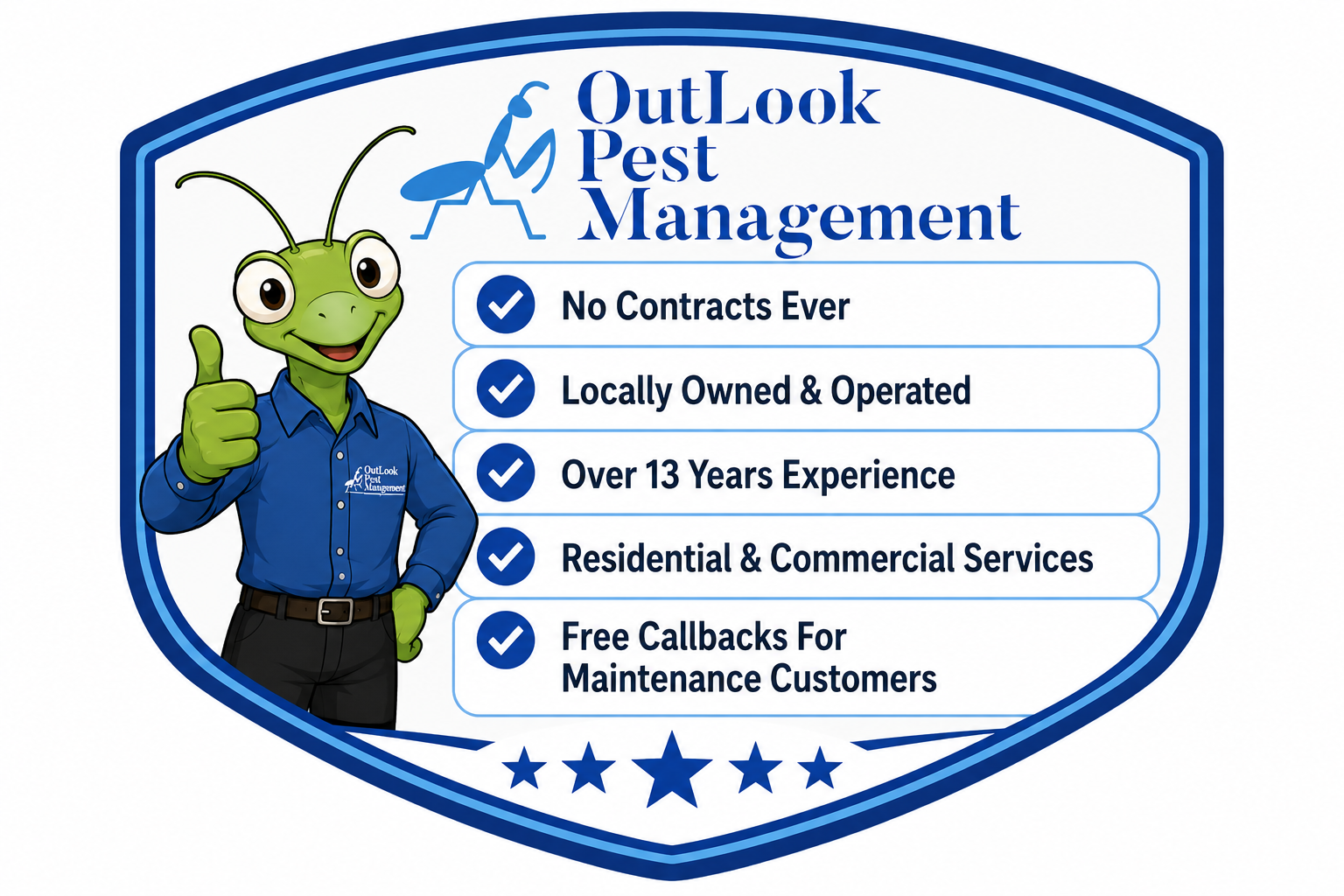 OutLook Pest Management service badge featuring Manny the Mantis and highlighting no contracts, locally owned and operated service, over 13 years of experience, residential and commercial pest control, and free callbacks for maintenance customers in Mulino, Oregon and surrounding Clackamas County communities.