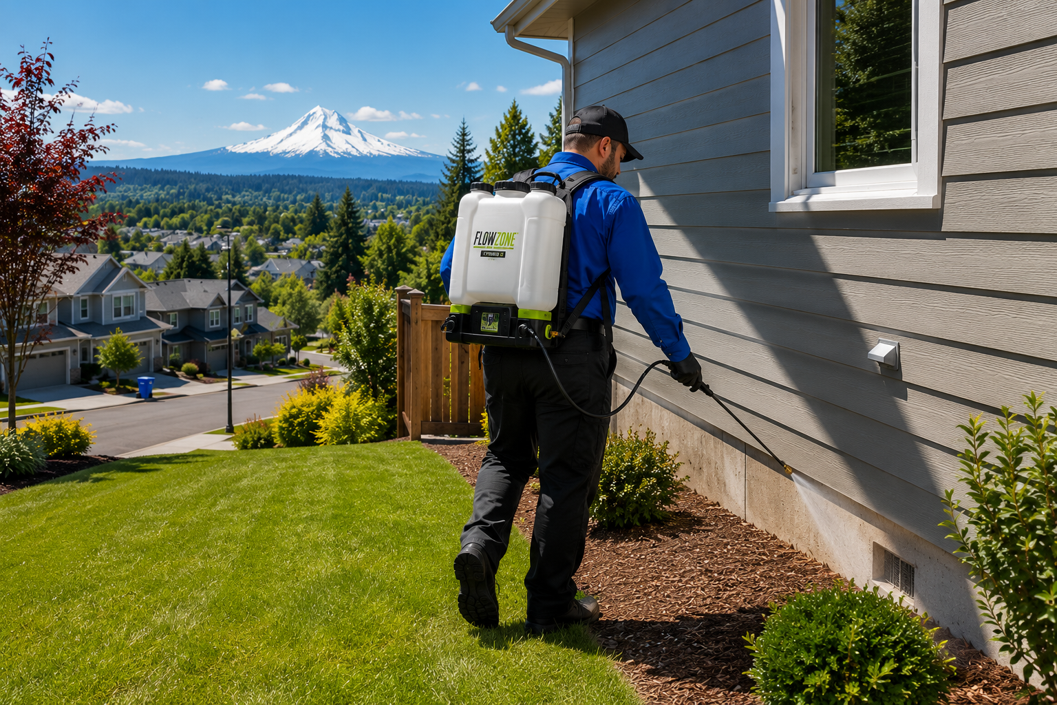 OutLook Pest Management technician performing exterior pest control treatment on a Salem, Oregon home with Mount Hood visible in the background, helping prevent ants, spiders, and seasonal pests.