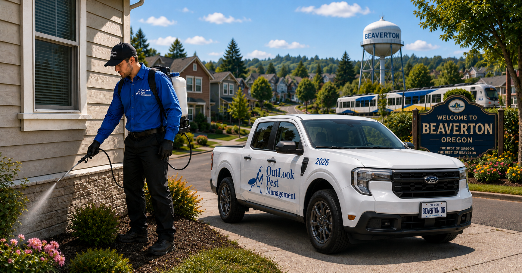 Need pest control in Beaverton, OR? OutLook Pest Management provides ant, spider, rodent, and wasp control with no contracts ever. Call today for your free estimate and local expert service. OutLook Pest Management technician spraying a home foundation in Beaverton, Oregon with a branded service truck in a suburban neighborhood