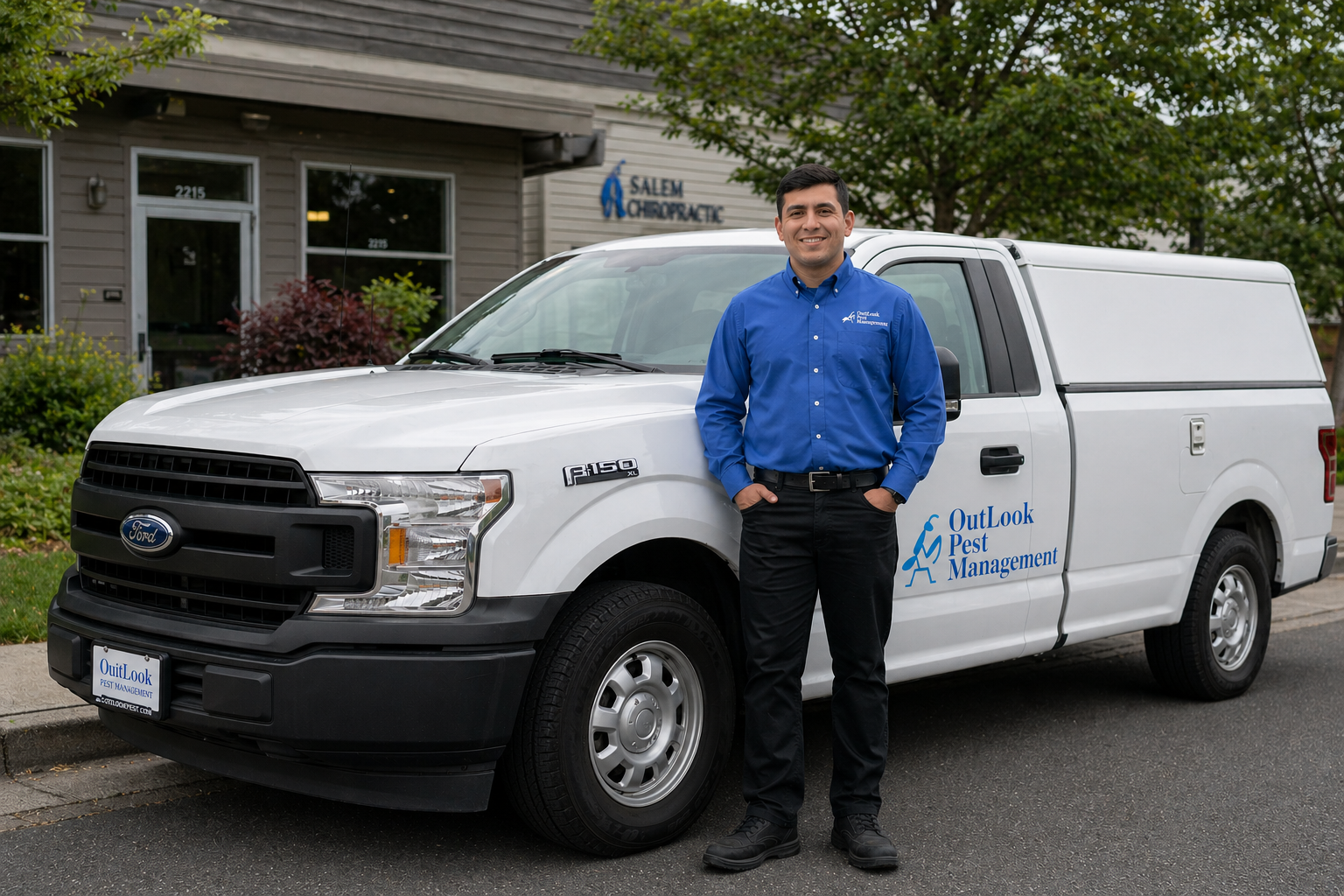 OutLook Pest Management offers pest control services throughout Woodburn Oregon OutLook Pest Management technicians tanding outside with his service truck of a Woodburn residents home.