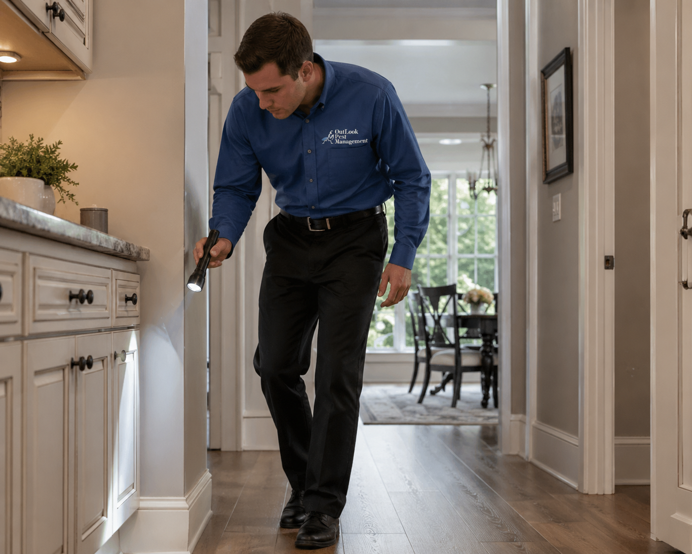 OutLook Pest Management technician inspecting a North Salem home for hidden pest activity with a professional flashlight inspection. OutLook Pest Management technician in blue uniform and black pants performing a detailed pest inspection with flashlight inside a typical North Salem, Oregon home, checking for ants, spiders, rodents and hidden pest activity during residential pest control service.