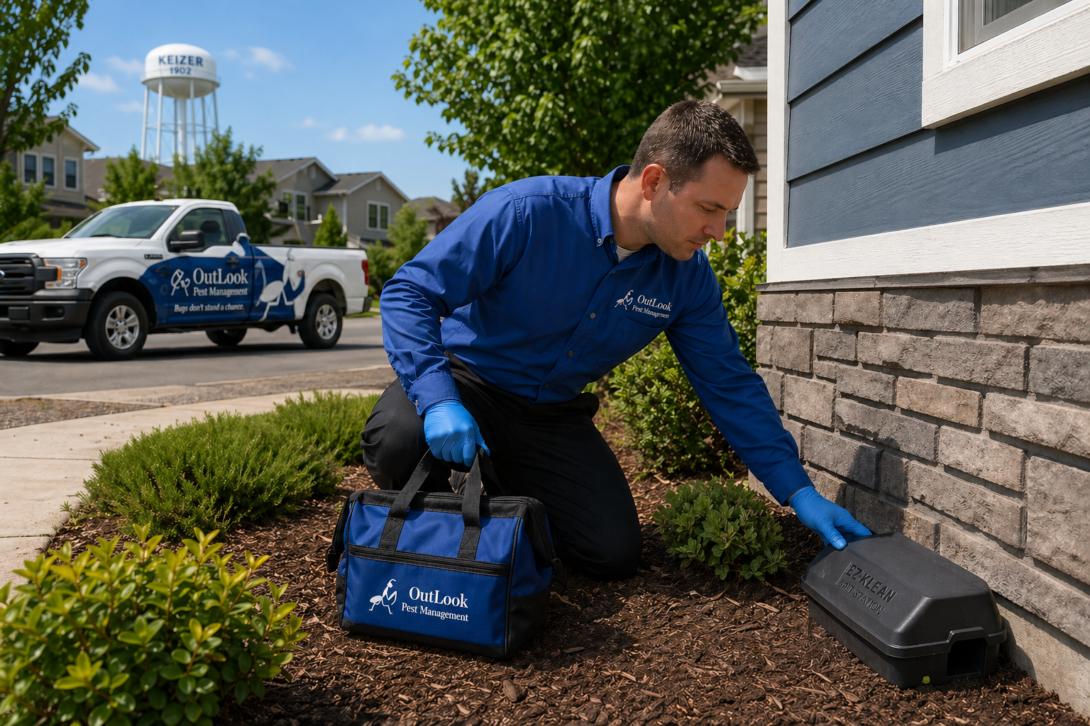 Protect your home with professional rodent monitoring and perimeter defense from OutLook Pest Management β contact us today to schedule service and keep rodents out for good. Keizer Oregon rodent control technician inspecting EZ Klean bait station at residential home with OutLook Pest Management Ford F150 service truck, professional rodent control and perimeter pest protection in Keizer OR.