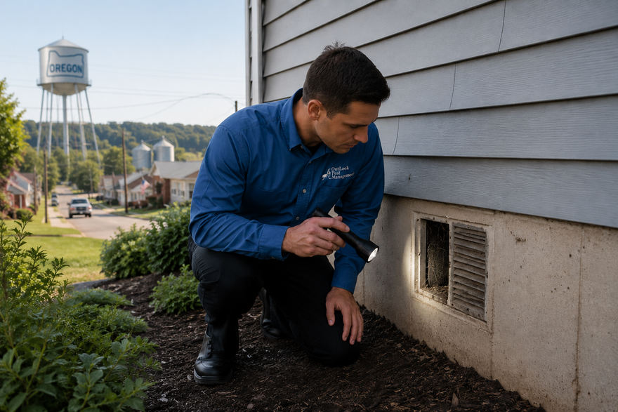 Outlook pest technician inspecting a vent screen compromised by rodents.