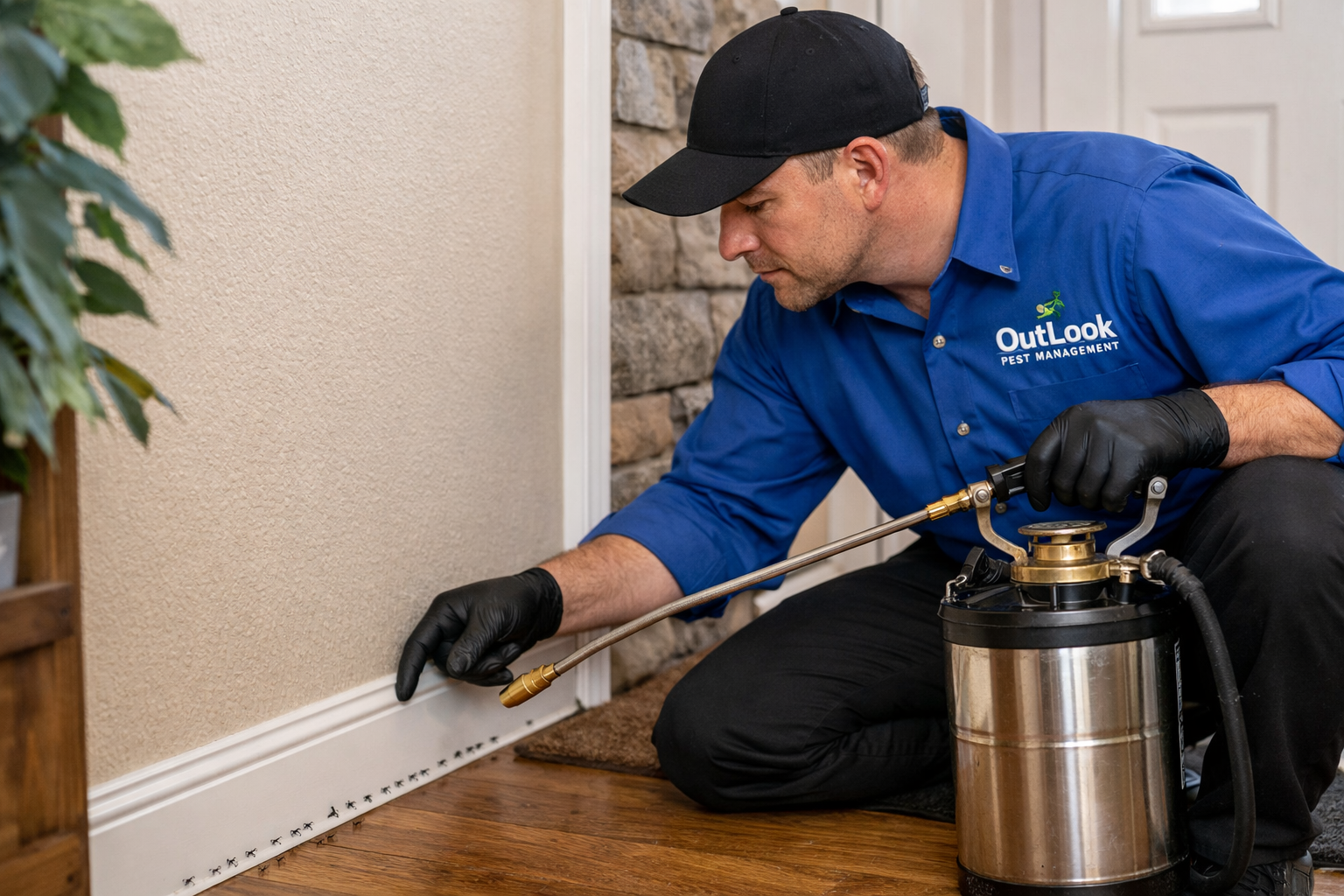 Pest control technician spraying baseboards for pest