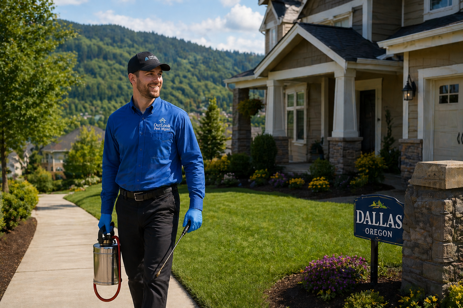 OutLook Pest Management technician performing residential pest control service at a Dallas, Oregon home with foothill views, showcasing local professional pest protection in the Willamette Valley. OutLook Pest Management technician wearing a blue logo button-up shirt and black pants servicing a clean Dallas, Oregon home with landscaped yard, foothill scenery, and residential neighborhood backdrop.