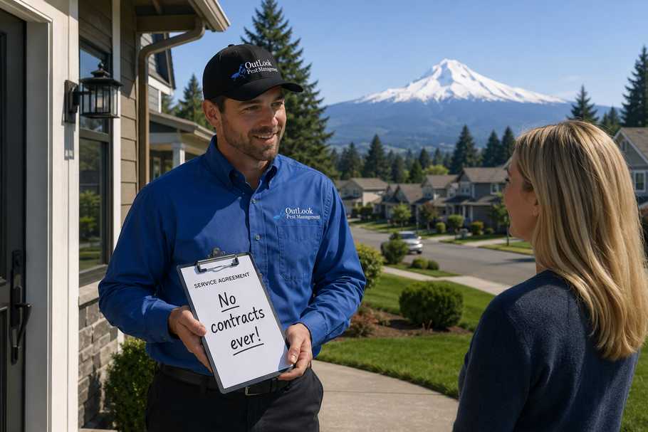 Call OutLook Pest Management about customized pest control services. No contracts ever, free callbacks for maintenance customers, and trusted protection for Oregon homes and businesses. OutLook Pest Management technician explaining a no-contract pest control service agreement to a homeowner in an Oregon neighborhood with Mt. Hood in the background, providing residential pest control solutions for ants, spiders, rodents, and wasps.