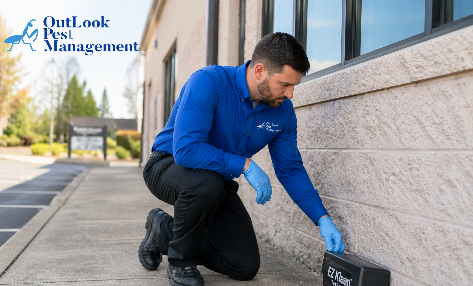 OutLook Pest Management offers rdoent control and exclusion thoughout all of Dallas Oregon OutLook Pest Management technician servicing a rodent bait stations outisde a Dallas Oregon business