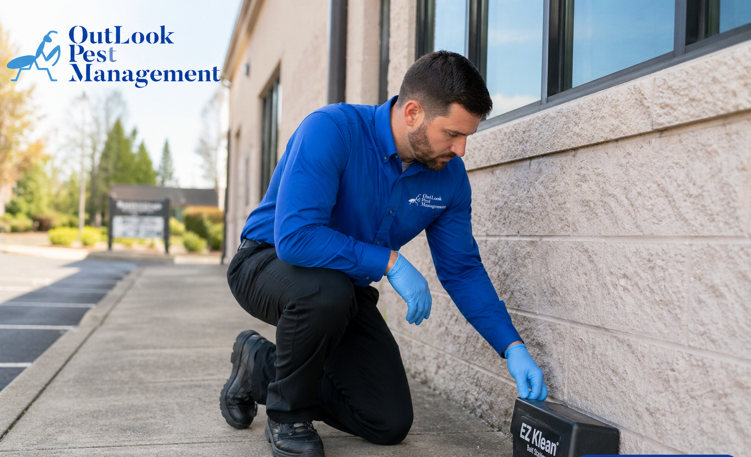 OutLook Pest Technician inspecting bait stations for rodent activity.