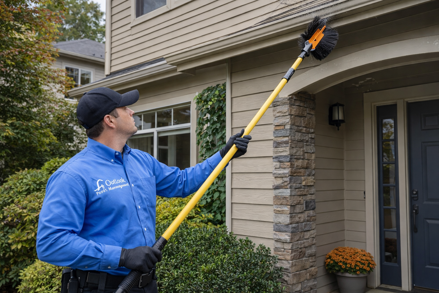 Pest control technician dewebbing home