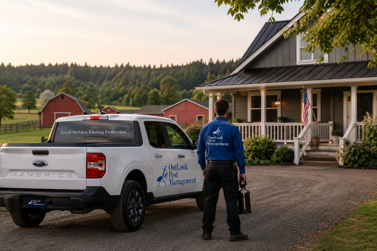 OutLook Pest Management technician standing beside a white Ford Maverick service vehicle at a rural Mulino, Oregon home, providing professional residential pest control services for ants, spiders, rodents, wasps, and other common Oregon pests throughout Mulino and surrounding Clackamas County communities.