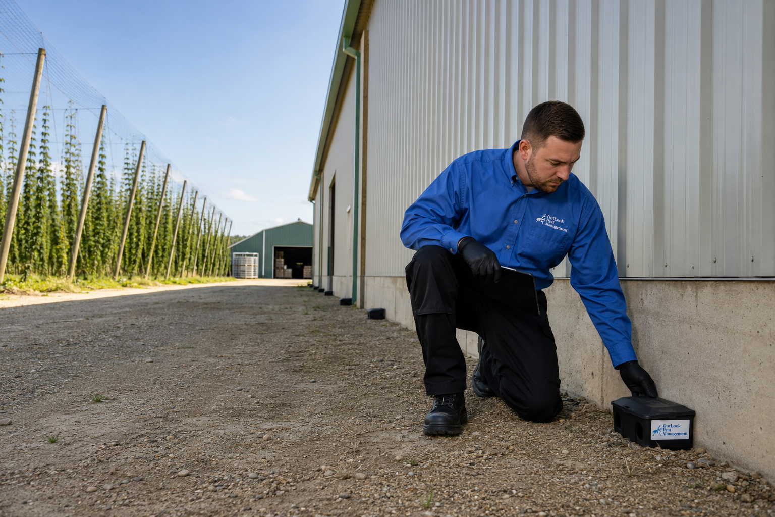 OutLook Pest Mnagement technician inspecting bait stations outside of a Brooks, Oregon agriculture warehouse.