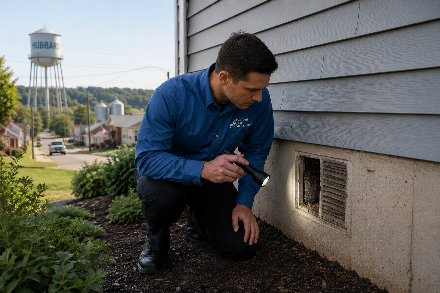 Pest control technician with OutLook Pest Management logo inspecting a Hubbard, Oregon home for rodent entry points, examining a damaged crawlspace vent with a flashlight near the foundation.