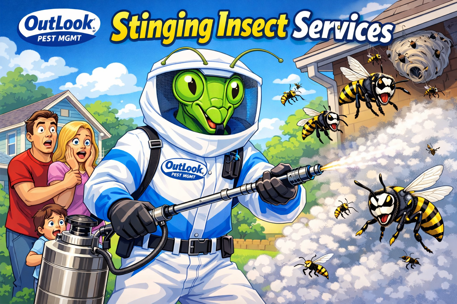 OutLook Pest Management Stinging Insect Services – Manny the Mantis safely treating dangerous yellow jackets and bald-faced hornet nests around a residential home. Manny the Mantis treating yellow jackets and bald-faced hornets for OutLook Pest Management stinging insect services.