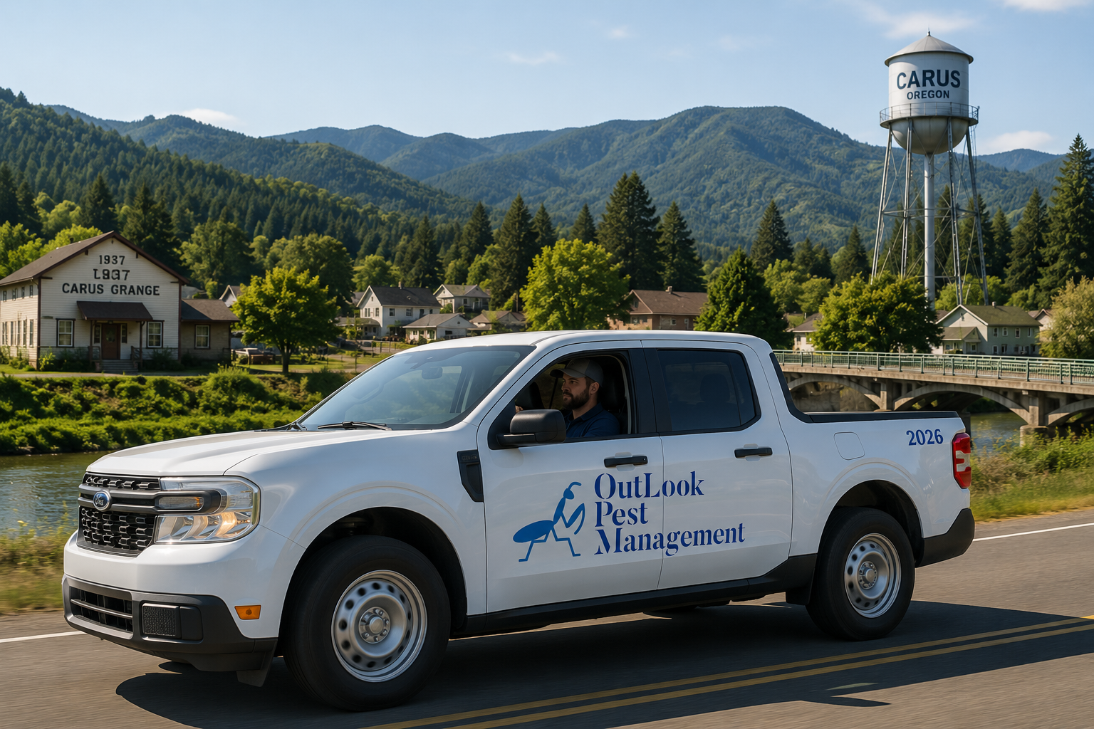OutLook Pest Management proudly provides expert pest control services for homes, farms, and businesses throughout Carus, Oregon and surrounding South Clackamas County communities. OutLook Pest Management truck driving through Carus, Oregon providing local residential and commercial pest control.