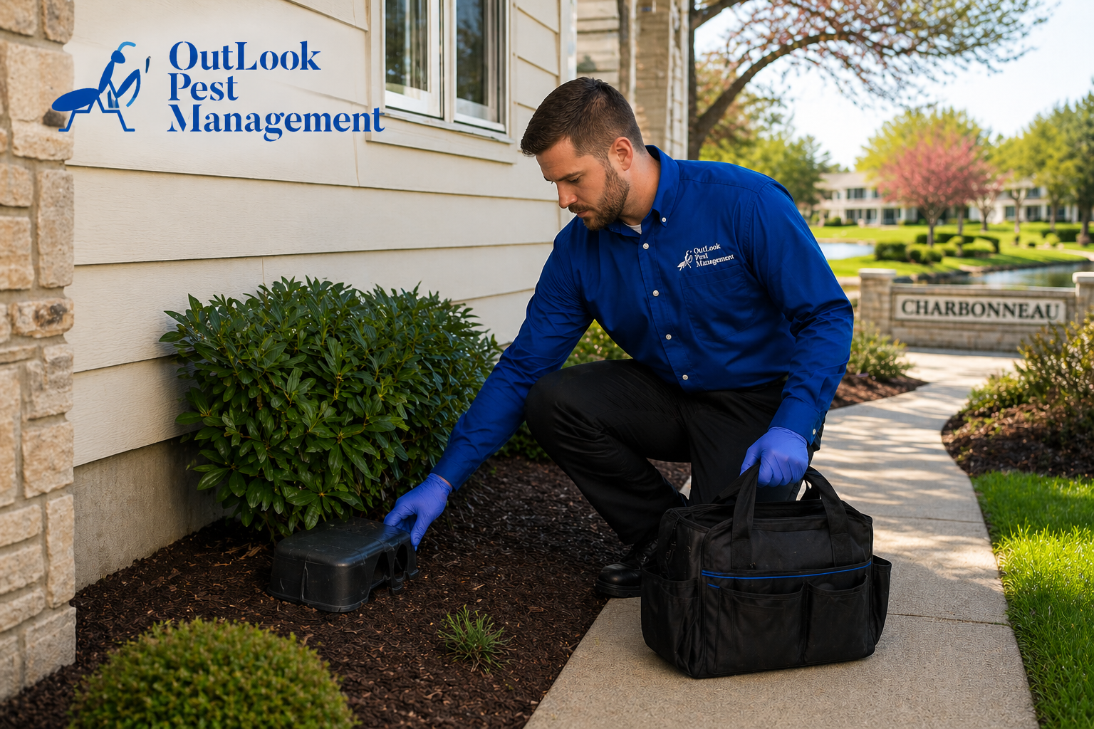 Pest control technician from OutLook Pest Management wearing a blue uniform shirt and black pants inspecting exterior rodent bait stations around a well-maintained Charbonneau, Oregon home. Technician carrying a service tool bag while performing rodent monitoring and pest inspection near the foundation of a residential property in Charbonneau