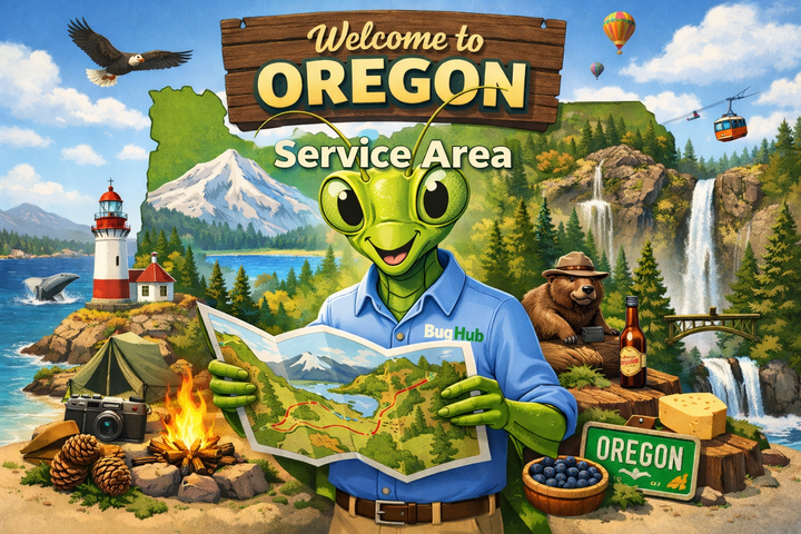 OutLook Pest Management Service Area Across Oregon Cartoon Manny the Mantis wearing a blue button-up shirt with company logo, holding a map of Oregon with the state outline behind him and Oregon landmarks surrounding him, banner reading “Service Area” for OutLook Pest Management.