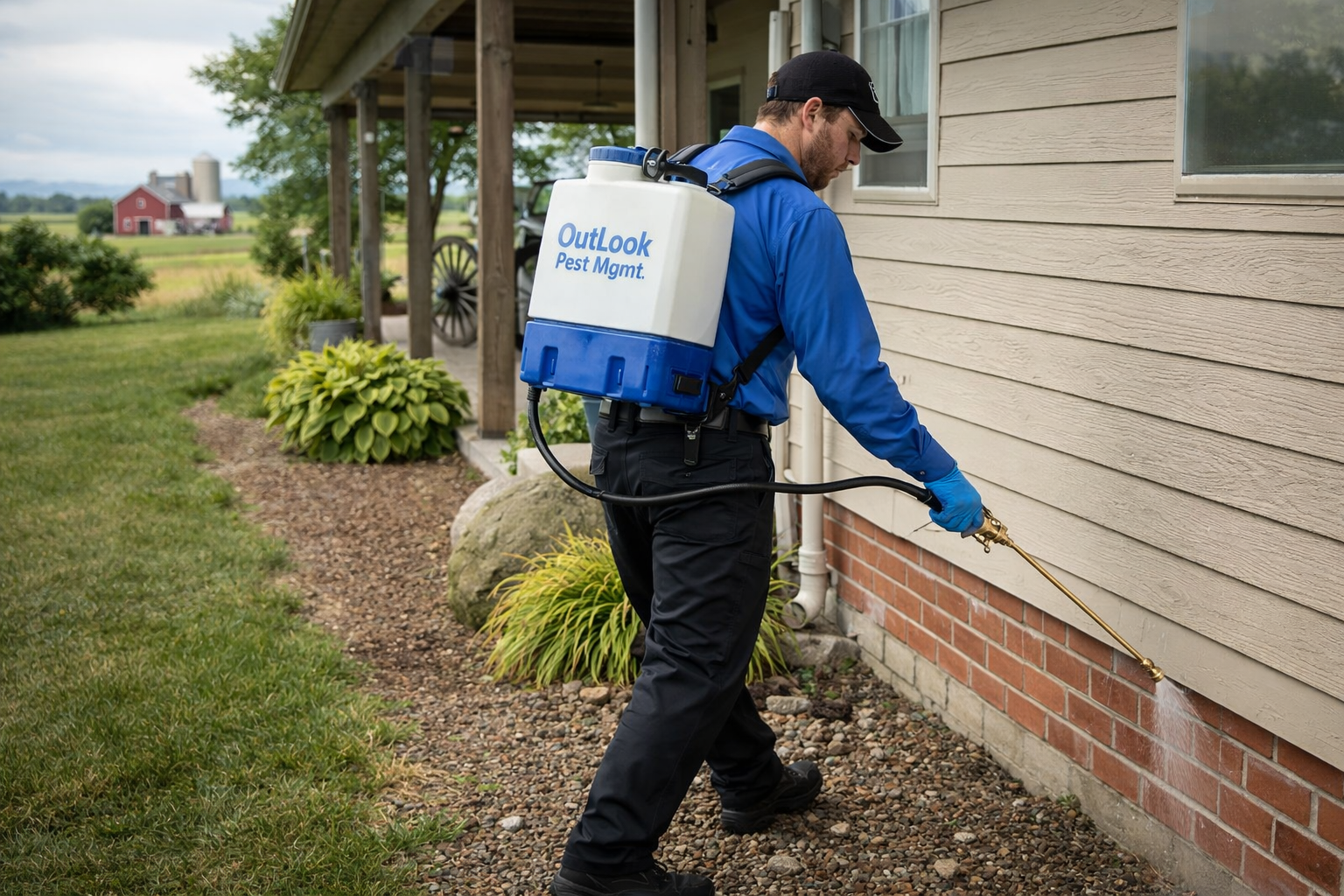 Pest control worker  spraying the exterior of a rural home for pests.