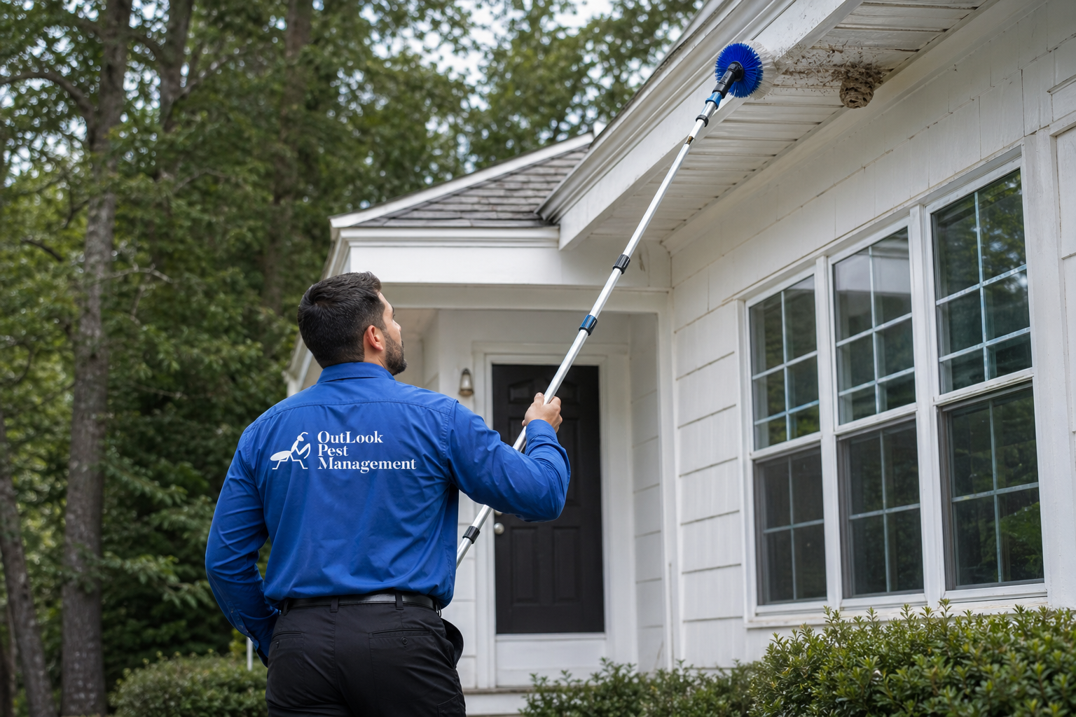 OutLook Pest Mangement offers pest control services to homes and businesses thoughout Woodburn Oregon OutLook Pest Management service technician dewebbing a home in Woodburn Oregon