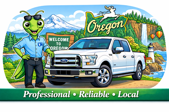 Proudly serving Oregon with professional residential and commercial pest control, rodent removal, and exclusion services. Locally owned, experienced, and no contracts ever OutLook Pest Management mascot Manny the Mantis standing beside a service truck with iconic Oregon landmarks, representing professional local pest control throughout the Portland Metro, Salem, and Willamette Valley.