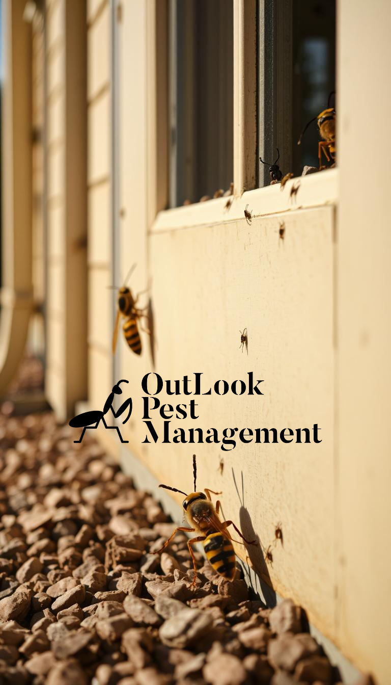 Wasp infestation on home exterior siding with large yellow jackets crawling on wall and rocks near foundation, treated by OutLook Pest Management pest control services in Salem, Canby, Hillsboro, Gresham, and Portland Oregon.