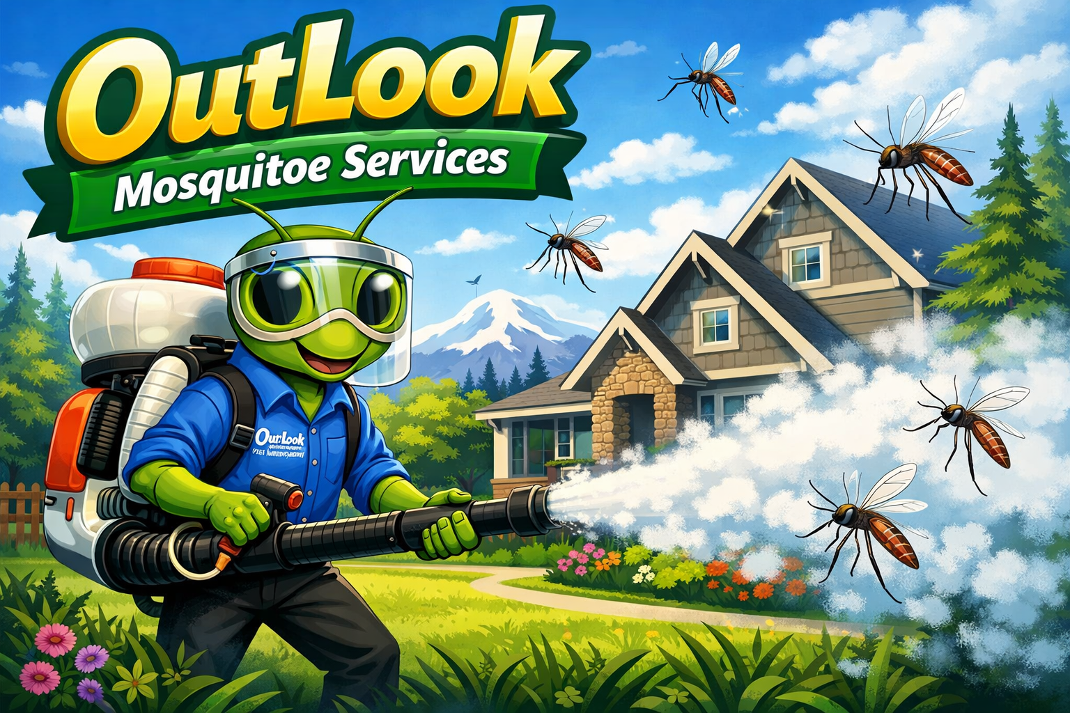 OutLook Pest Management Mosquitoe Services Manny the mantis treating an oregon suburban home for mosquitoes with a mist blower